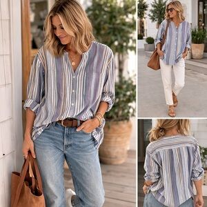 Eddie Bauer Preppy Striped Cotton Button Shirt Collarless Blue Multi Size Large